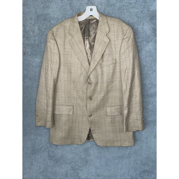 Chaps Ralph Lauren Blazer Mens 41R Beige Silk Wool Linen Plaid Buttons Career‎ - Picture 1 of 12